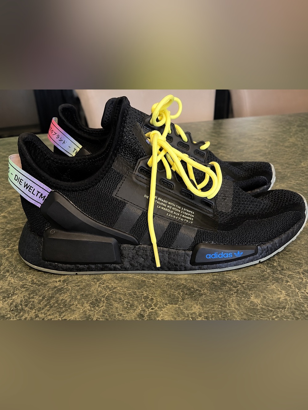 adidas Black Sneakers with Yellow Laces and Blue Accents